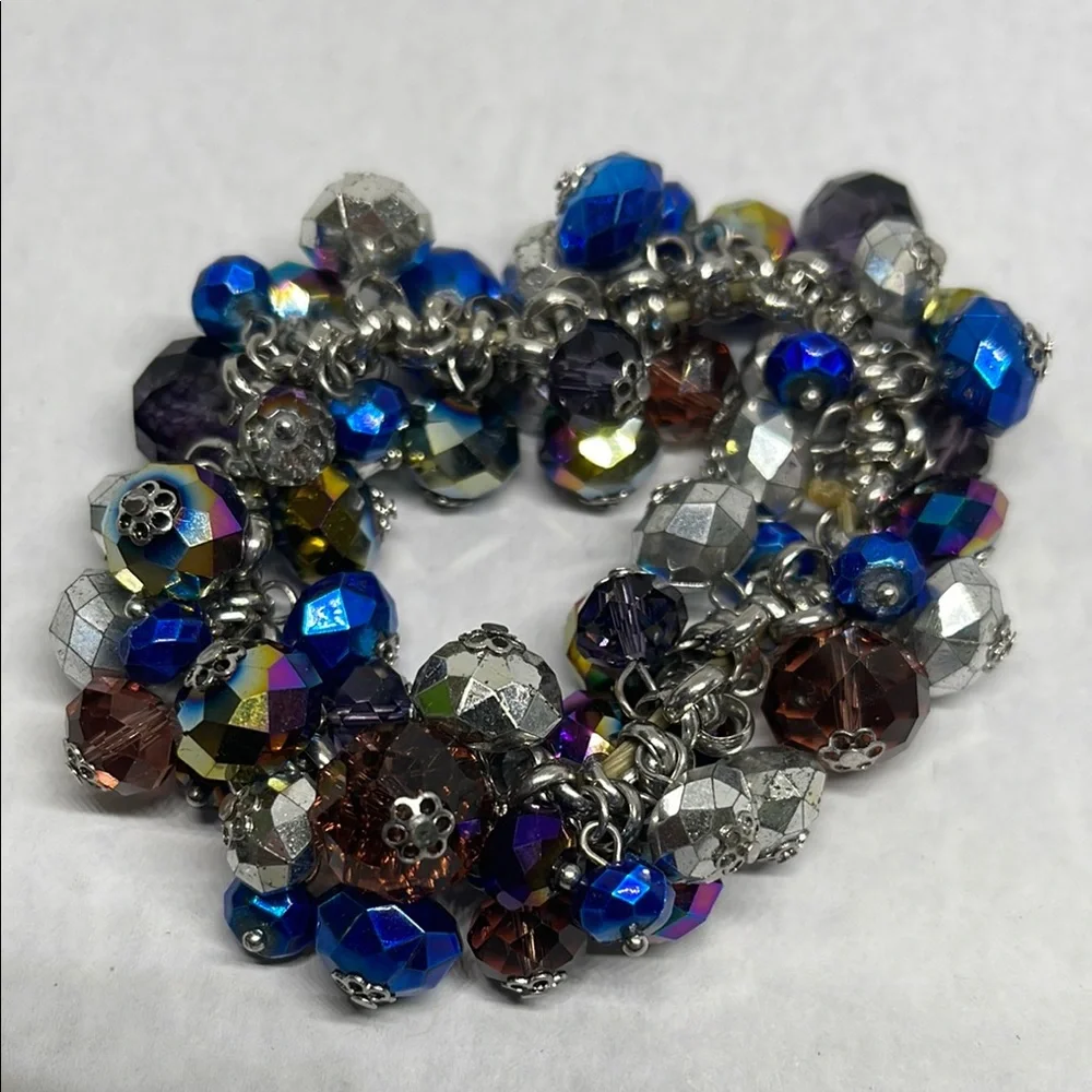 Large size Multicolor Beaded blue metallic cha cha style stretch Bracelet